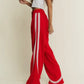 Red Solid Cotton Side Stripes Wide Leg Pants