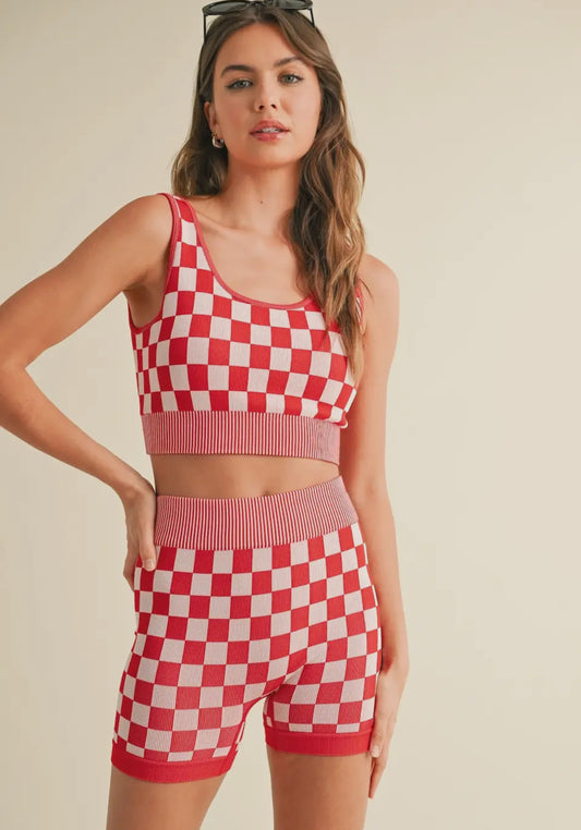 Checkmate Cropped Two Piece -Black Pink Red