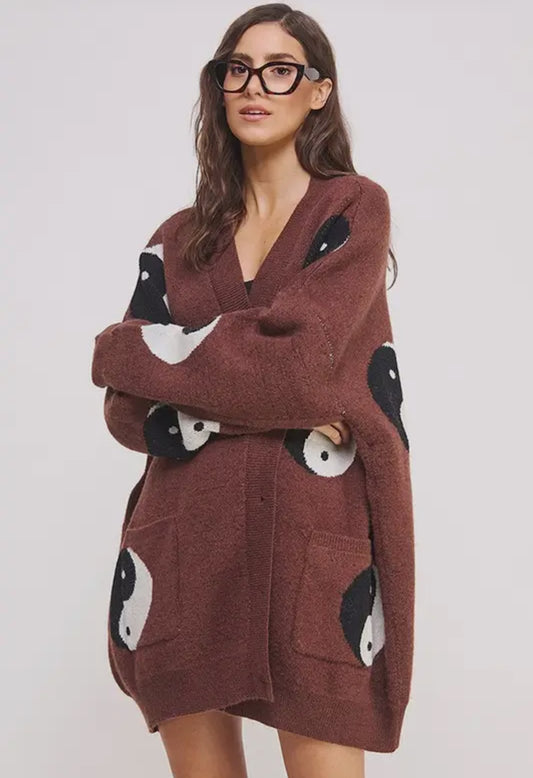 Brown Oversized Yin Yang Cardigan