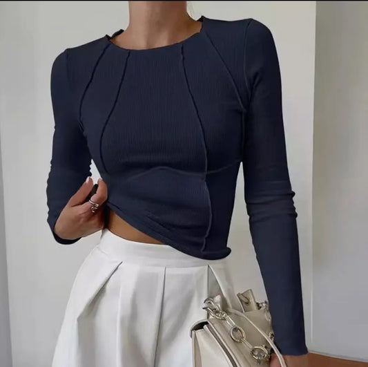 Long Sleeve Fitted Round Neck T-Shirt • NAVY