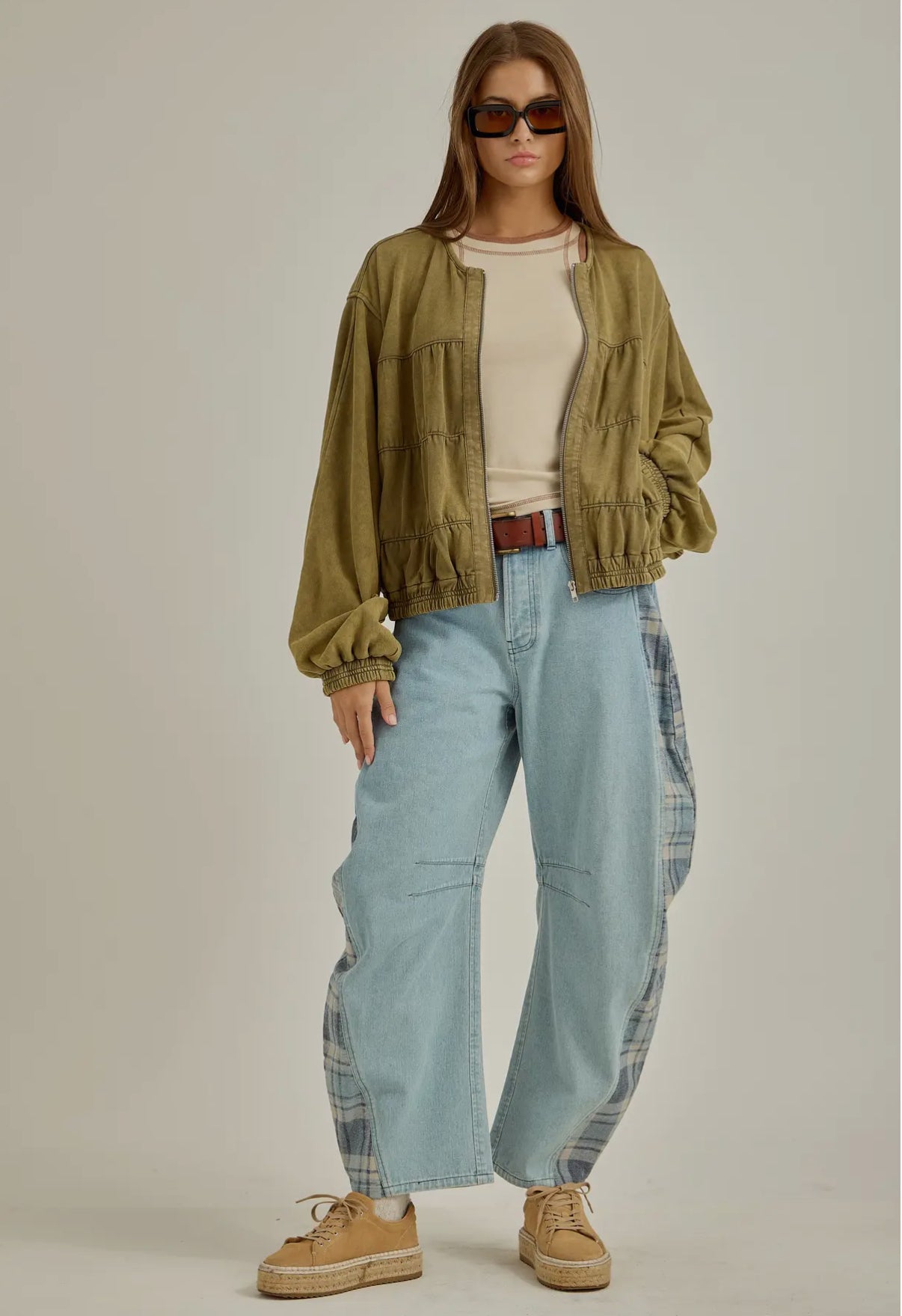 Denim Plaid Barrel Jeans