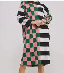 Plus Size Checkered and Stripe Oversized Sweater Dress