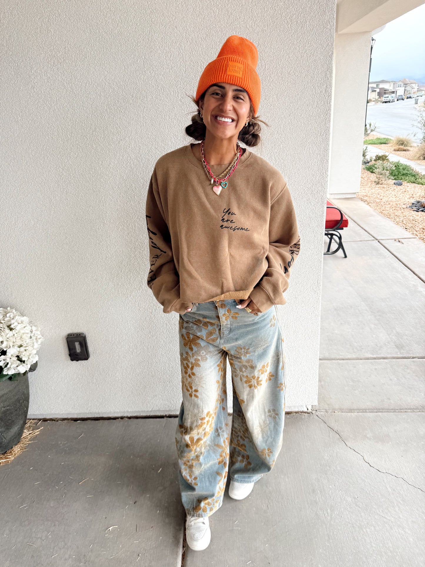 Floral Print Fleece Lined Wide Leg Denim Pants