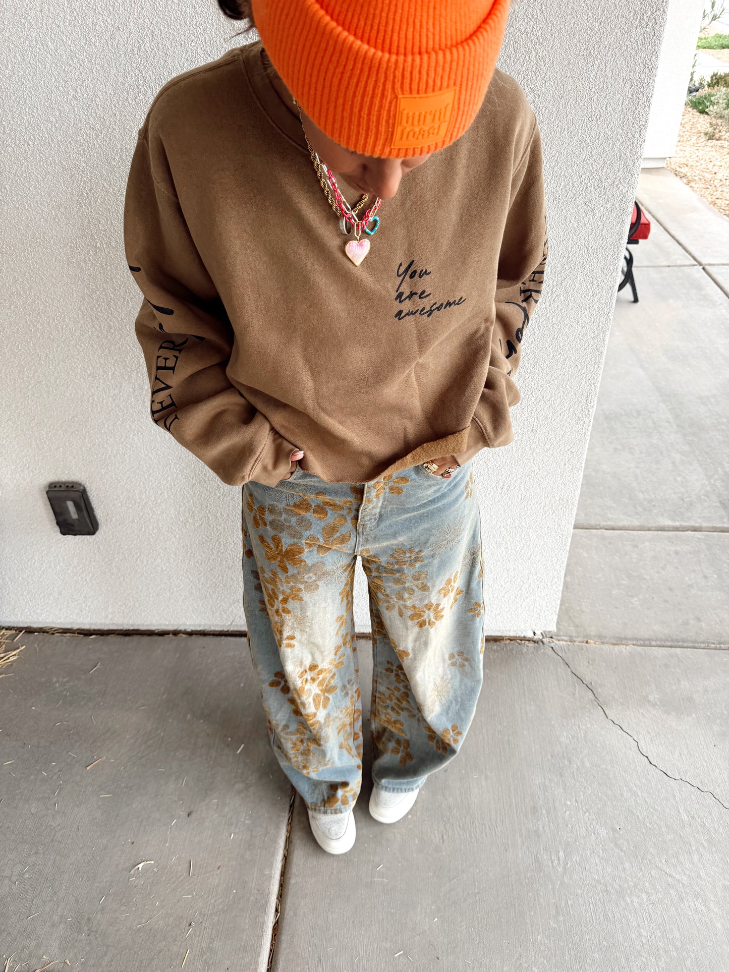 Floral Print Fleece Lined Wide Leg Denim Pants